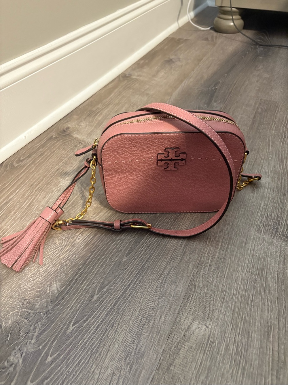 Tory Burch Rose Pink Pebbled Leather Crossbody Camera Bag with Tassel